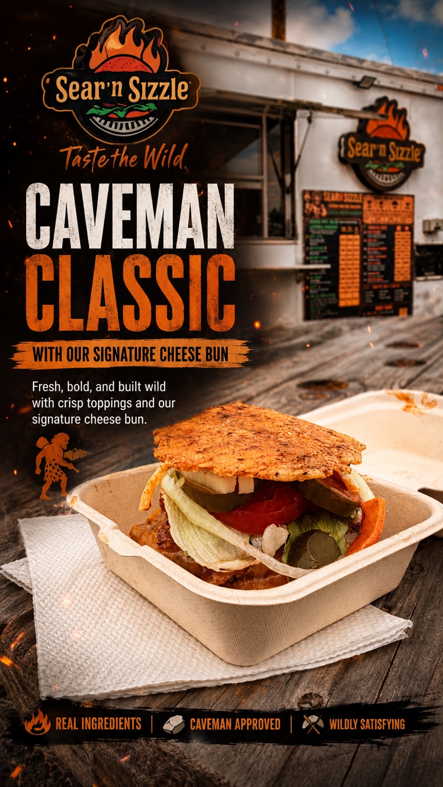 Real Sear N Sizzle burger presentation for the chicken menu page