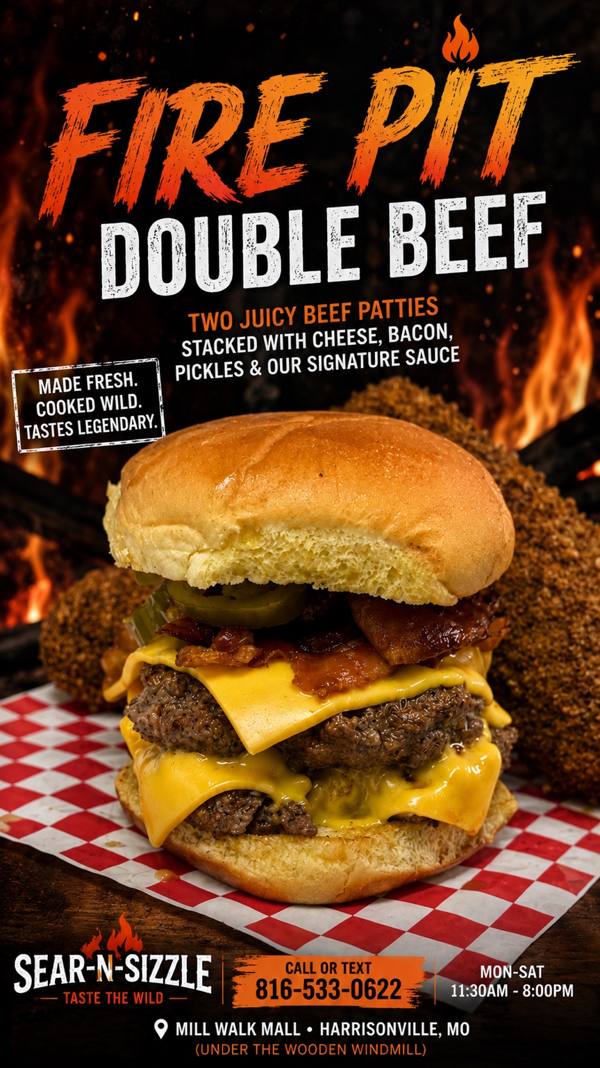 Real Sear N Sizzle burger presentation for the beef menu page